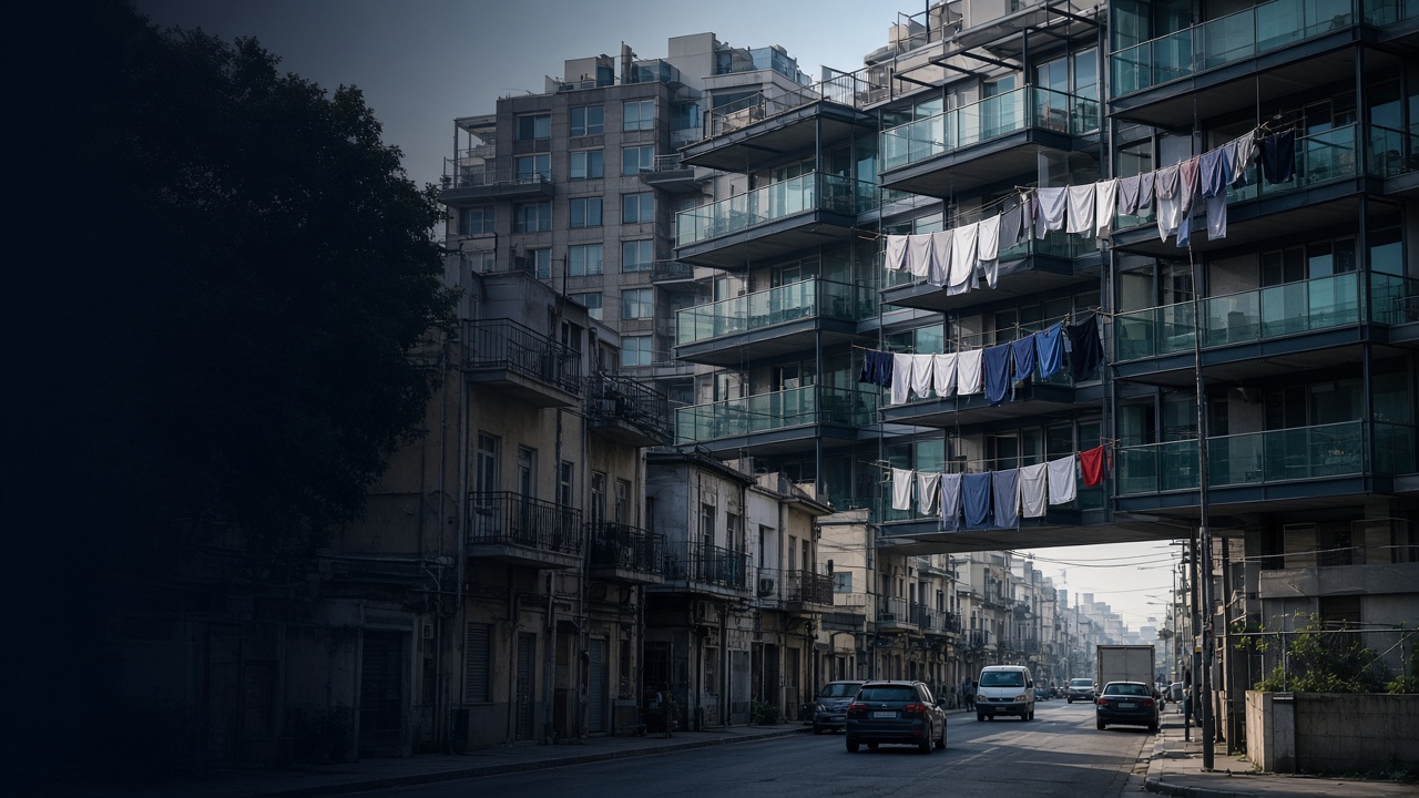 Laundry hanging from contemporary apartment balconies above a busy residential street.