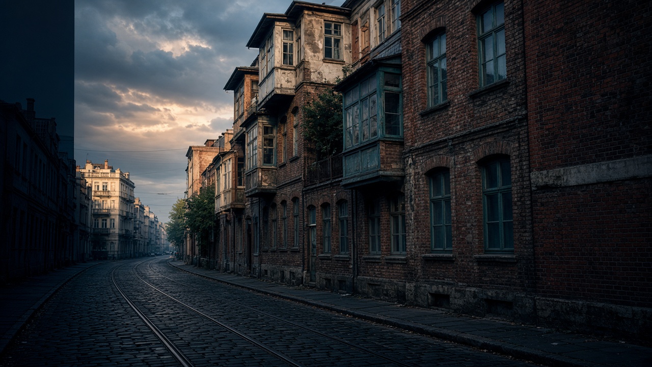 A historic urban street with tram tracks, aged brick housing, and layered additions from later decades.